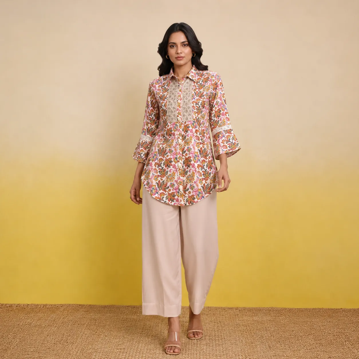 Floral Printed Cord Set With Beige Pants